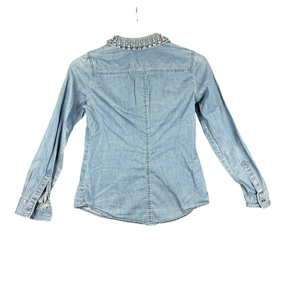 EUC MICHAEL Michael Kors Women’s Denim Button Down Shirt w/glam collar Sz XXS - Picture 9 of 10